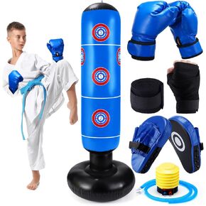 7 Pcs Kids Punching Bag Set Include Boxing Gloves, Inflatable Punching Bag, Hand Wraps, Boxing Hand Pads, Air Pump, Kids Boxing Training Set for Karate Kickboxing Taekwondo