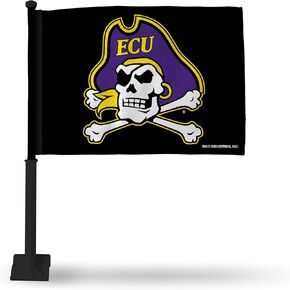 Rico Industries NCAA East Carolina Pirates Alternate Car Flag W' Black Pole Double Sided Car Flag - 16" x 19" - Strong Pole That Hooks onto Car/Truck/Automobile
