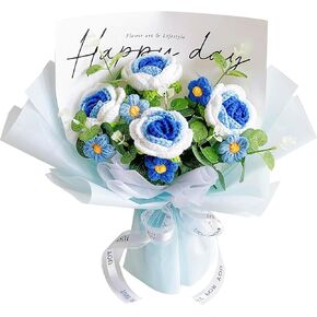 Completed Crochet Flowers Handmade Knitted Bouquet [ Rose Puff Flower Fairy Light Gift Card Bag Kit ] for Mother's Day Valentines Day Birthday Wedding Home Decor (Blue)