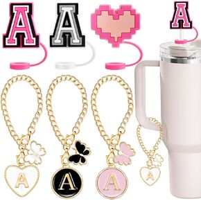 6PCS Compatible with Stanley Cup Accessories, 3PCS 0.4" Straw Cover Cap for Stanley Cup 30&40 Oz, 3PCS Butterfly Letter Charms for Stanley Cups, Straw Toppers for Stanley Tumbler (A)