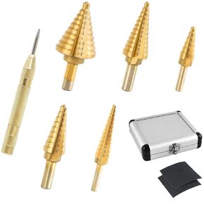 Aoocoom Titanium-Coated Step Drill Bit Set for Metal, High-Speed Steel Stepped Drill Set, 50 Sizes with Automatic Center Punch, Includes Aluminum Case