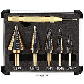 Step Drill Bits, 5PCS HSS Titanium Coated Step Drill Bit Set, with Automatic Center Punch, Covering 50 Sizes High Speed Steel Step Bits for Metal with Aluminum Case Black Gold in Saudi Arabia