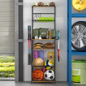 Sports Equipment Organizer, Wooden Garage Ball Storage Rack with Hooks, 5 Tier Outdoor Ball Holder Stand with Wire Basket, Vintage Ball Display Table for Living Room,Garage,Garden,Gym