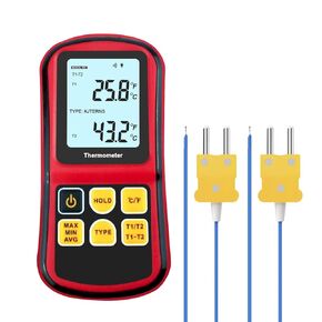 Digital Thermocouple Thermometer, Dual Channel Thermometer with Two K Type Thermocouple Probes LCD Display Temperature Meter Tester with Backlight for K/J/T/E/R/S/N Type(-238~3212°F)
