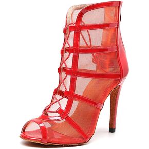 YKXLM Latin Dance Boots Salsa Women Ballroom Lace-up Ankle Open Toe Dance Shoes