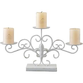 SOFE White Metal 3 Arm Candelabra, Rustic Fireplace Candle Holder, 8 Inch Tall Pillar Candle Stand Decorative for Christmas Event Mantel, Home Table Centerpiece, Shabby Chic Scroll Decor