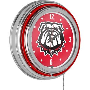 Trademark Global Neon Clock - Retro University of Georgia Bulldog Analog Wall Clock with Pull Chain - for Kitchen, Garage, Game Room, or Home Bar