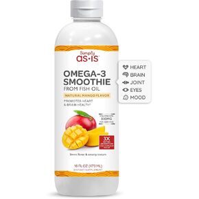 AS-IS Simply 16 fl oz (31 Servings) | Omega-3 Smoothie from Fish Oil | Promotes Heart & Brain Health | Dairy & Sugar Free | Natural Mango Flavor