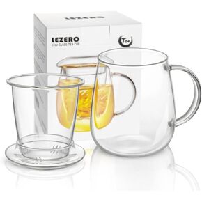 Glass Tea Infuser Cup with Filter and Lids, Borosilicate Glass Tea Mugs with Strainer for Blooming Tea & Loose Leaf Tea, Steeping Tea Cup Gift Kit, Lead-free, Microwave Safe, 14oz