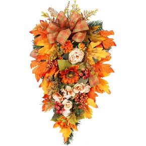 21.7Inch Artificial Fall Harvest Teardrop Swag for Front Door Thanksgiving Teardrop Wreath with Maple Leaves Berry Autumn Floral Swag for Home Wall(with Light)