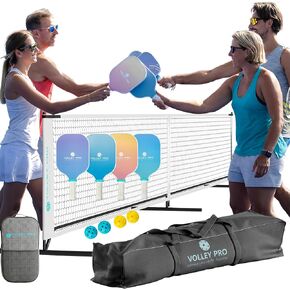 VolleyPro Portable Pickleball Set with Net | 4 Carbon Fiber Paddles, Duffle Bag, Regulation Size Pickleball Net System, Assembly Manual, 4 Indoor/Outdoor Pickleball Balls and Carry Bag