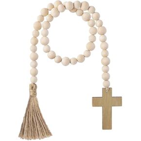 Easter Wood Bead Garland Farmhouse Decorative Wooden Beads Prayer Beads Tassel Garland Wall Hanging Decoration with Cross for Tiered Tray