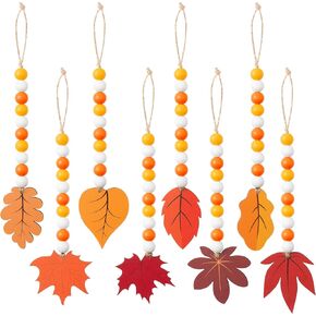 WATINC Fall Wood Bead Garland - 8pcs Autumn Wooden Beaded Garlands Decor with Tassels, Maple Leaf Hanging Ornament Decoration, Leaves Hang Pendant with Rope for Thanksgiving Harvest Party Tree Wall