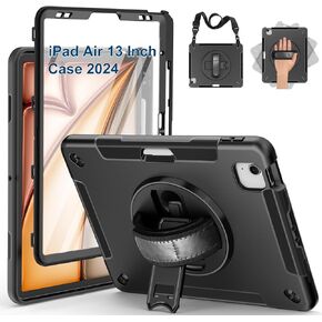 SUPFIVES Case for iPad Air 13 Inch 2024,with Screen Protector+Hand Strap+Shoulder Strap+Rotating Kickstand+Pencil Holder,Black