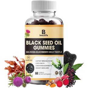 Black Seed Oil Gummies, Black Seed Oil, Sea Moss, Ashwagandha, Elderberry, Turmeric, Vitamin C, D, zinc, Beet Root Powder, Support Immune System, Liver ,Cardiovascular Health, Radiant Hair& Skin