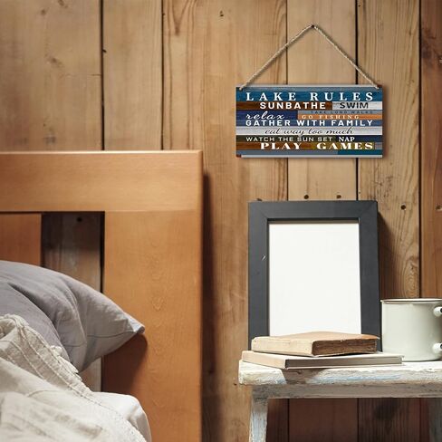 Retro Lake Rules Farmhouse Printed Wood Plaque Sign Wall Hanging,Rustic Hanging Wall Signs for Lake House Cabin Summer Home Decor 12 x 6 Inches in Saudi Arabia