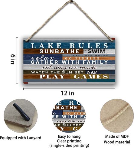 Retro Lake Rules Farmhouse Printed Wood Plaque Sign Wall Hanging,Rustic Hanging Wall Signs for Lake House Cabin Summer Home Decor 12 x 6 Inches in Saudi Arabia