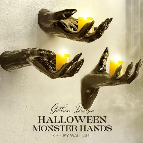 Halloween Decorations - 3 Scary Monster Hands Wall Decor - Hocus Pocus Gothic Decor Indoor Outdoor - Spooky Vintage Wall Sculpture for Home Party Bedroom Room Outside Inside (Candles Not Included) in Saudi Arabia