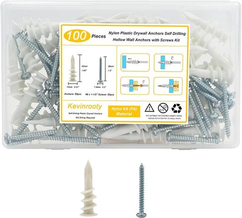 Self Drilling Drywall Anchors, 100PCS Nylon Plastic Wall Anchors and Screws for Drywall, No Pre Drill Hole Preparation Required (100) in Kuwait