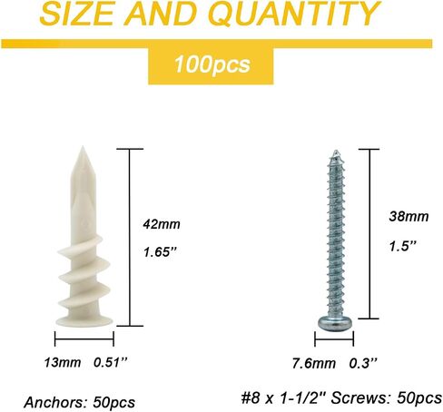 Self Drilling Drywall Anchors, 100PCS Nylon Plastic Wall Anchors and Screws for Drywall, No Pre Drill Hole Preparation Required (100) in Kuwait