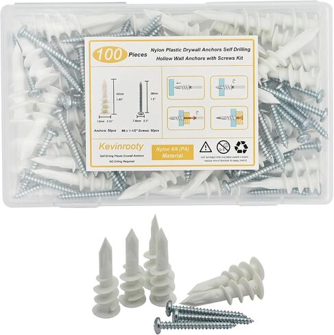 Self Drilling Drywall Anchors, 100PCS Nylon Plastic Wall Anchors and Screws for Drywall, No Pre Drill Hole Preparation Required (100) in Kuwait
