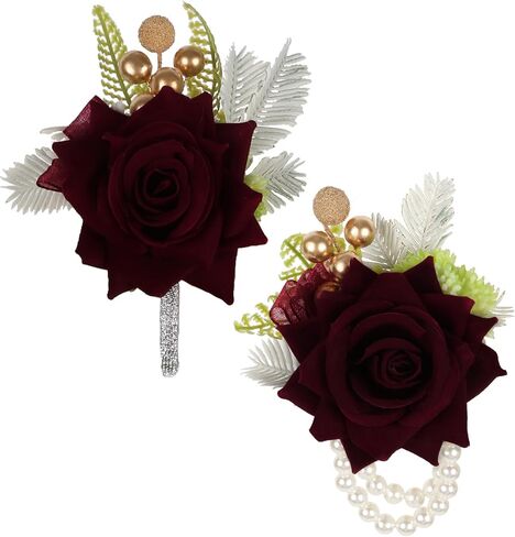 2PCS Burgundy Corsage and Boutonniere Set, Rose Wrist Corsage for Brides Corsage Wristlet for Prom Decor, Groom Boutonniere Set for Men Wedding Anniversary Flowers Party Suit Decoration (Red) in Saudi Arabia