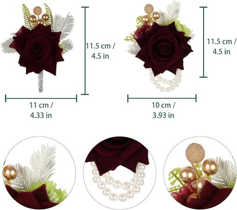 2PCS Burgundy Corsage and Boutonniere Set, Rose Wrist Corsage for Brides Corsage Wristlet for Prom Decor, Groom Boutonniere Set for Men Wedding Anniversary Flowers Party Suit Decoration (Red) in Saudi Arabia