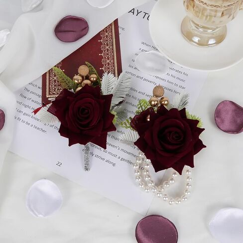 2PCS Burgundy Corsage and Boutonniere Set, Rose Wrist Corsage for Brides Corsage Wristlet for Prom Decor, Groom Boutonniere Set for Men Wedding Anniversary Flowers Party Suit Decoration (Red) in Saudi Arabia