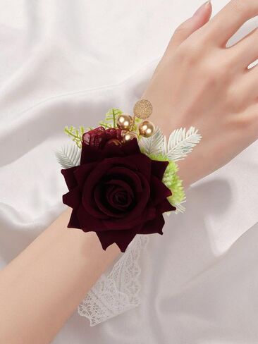 2PCS Burgundy Corsage and Boutonniere Set, Rose Wrist Corsage for Brides Corsage Wristlet for Prom Decor, Groom Boutonniere Set for Men Wedding Anniversary Flowers Party Suit Decoration (Red) in Saudi Arabia