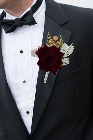 2PCS Burgundy Corsage and Boutonniere Set, Rose Wrist Corsage for Brides Corsage Wristlet for Prom Decor, Groom Boutonniere Set for Men Wedding Anniversary Flowers Party Suit Decoration (Red) in Saudi Arabia