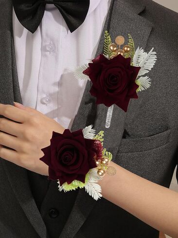 2PCS Burgundy Corsage and Boutonniere Set, Rose Wrist Corsage for Brides Corsage Wristlet for Prom Decor, Groom Boutonniere Set for Men Wedding Anniversary Flowers Party Suit Decoration (Red) in Saudi Arabia