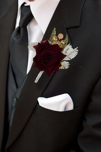 2PCS Burgundy Corsage and Boutonniere Set, Rose Wrist Corsage for Brides Corsage Wristlet for Prom Decor, Groom Boutonniere Set for Men Wedding Anniversary Flowers Party Suit Decoration (Red) in Saudi Arabia