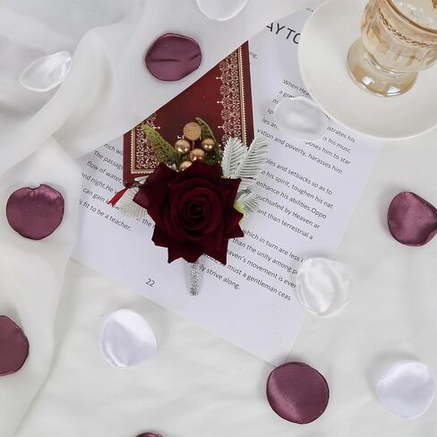 2PCS Burgundy Corsage and Boutonniere Set, Rose Wrist Corsage for Brides Corsage Wristlet for Prom Decor, Groom Boutonniere Set for Men Wedding Anniversary Flowers Party Suit Decoration (Red) in Saudi Arabia