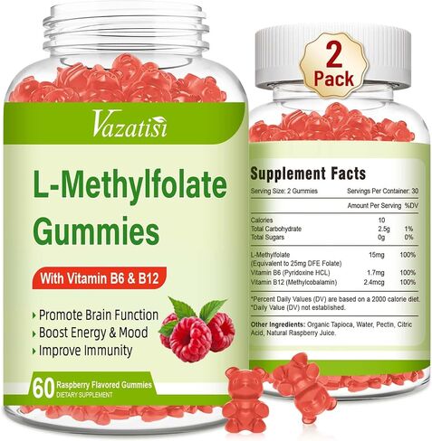 L-Methylfolate 15 mg Gummies with Methyl B12, Folate Supplement for Mood, Brain Health, Immune Support, Raspberry Flavor, 60 Count in Saudi Arabia