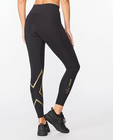 2XU لباس ضيق نسائي متوسط ​​الارتفاع مع حزام خصر مسطح للتدريب واللياقة البدنية، أسود/ذهبي، مقاس كبير in Kuwait