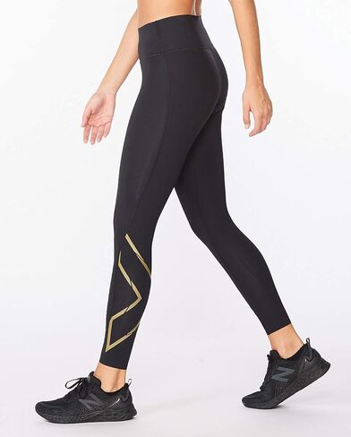 2XU لباس ضيق نسائي متوسط ​​الارتفاع مع حزام خصر مسطح للتدريب واللياقة البدنية، أسود/ذهبي، مقاس كبير in Kuwait