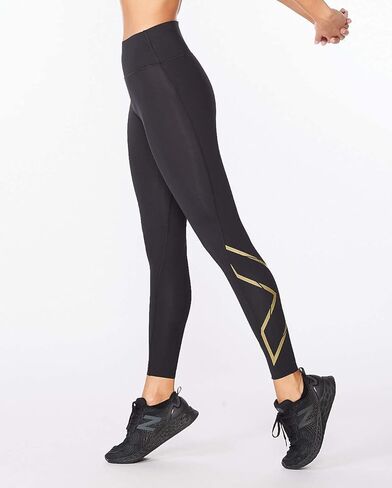 2XU لباس ضيق نسائي متوسط ​​الارتفاع مع حزام خصر مسطح للتدريب واللياقة البدنية، أسود/ذهبي، مقاس كبير in Kuwait