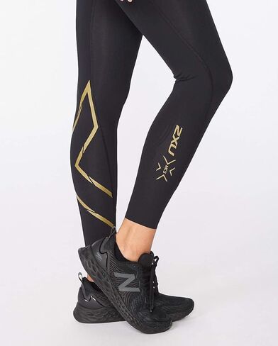 2XU لباس ضيق نسائي متوسط ​​الارتفاع مع حزام خصر مسطح للتدريب واللياقة البدنية، أسود/ذهبي، مقاس كبير in Kuwait