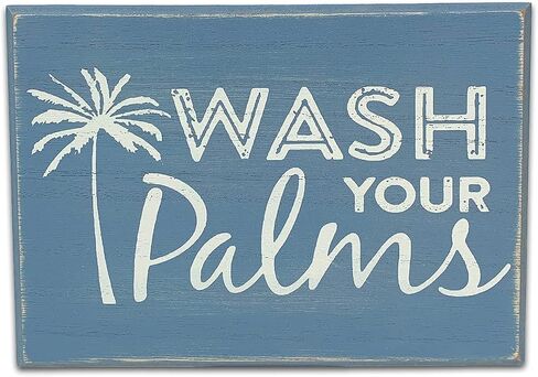 Sukha Home Wash Your Palms Wood Bathroom Sign, Palm Tree Decor, Beach Themed Bathroom Decor, Beachy Decorations Home Decor, Coastal Shelf or Wall Decor - Blue in Saudi Arabia