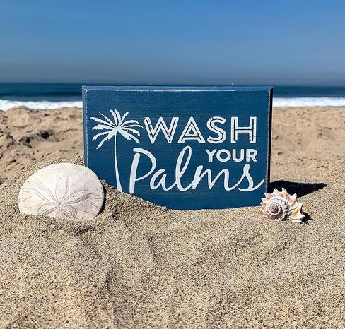 Sukha Home Wash Your Palms Wood Bathroom Sign, Palm Tree Decor, Beach Themed Bathroom Decor, Beachy Decorations Home Decor, Coastal Shelf or Wall Decor - Blue in Saudi Arabia