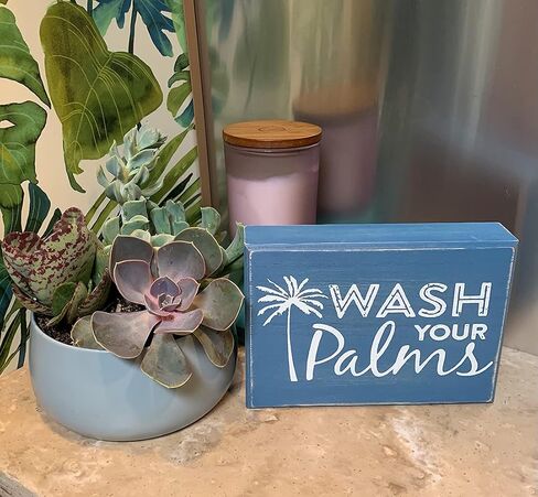 Sukha Home Wash Your Palms Wood Bathroom Sign, Palm Tree Decor, Beach Themed Bathroom Decor, Beachy Decorations Home Decor, Coastal Shelf or Wall Decor - Blue in Saudi Arabia