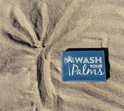 Sukha Home Wash Your Palms Wood Bathroom Sign, Palm Tree Decor, Beach Themed Bathroom Decor, Beachy Decorations Home Decor, Coastal Shelf or Wall Decor - Blue in Saudi Arabia