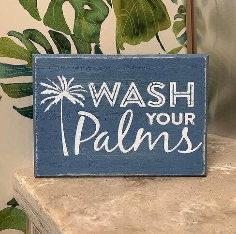 Sukha Home Wash Your Palms Wood Bathroom Sign, Palm Tree Decor, Beach Themed Bathroom Decor, Beachy Decorations Home Decor, Coastal Shelf or Wall Decor - Blue in Saudi Arabia