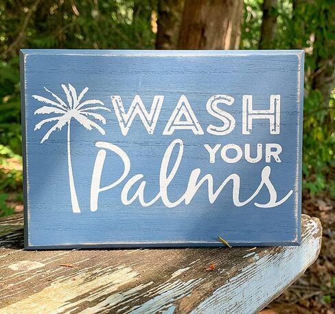 Sukha Home Wash Your Palms Wood Bathroom Sign, Palm Tree Decor, Beach Themed Bathroom Decor, Beachy Decorations Home Decor, Coastal Shelf or Wall Decor - Blue in Saudi Arabia