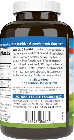 Carlson - Lecithin, Non-GMO, 1200 mg, Nervous System & Liver Function, Unbleached Soy Lecithin, 100 Softgels in Saudi Arabia