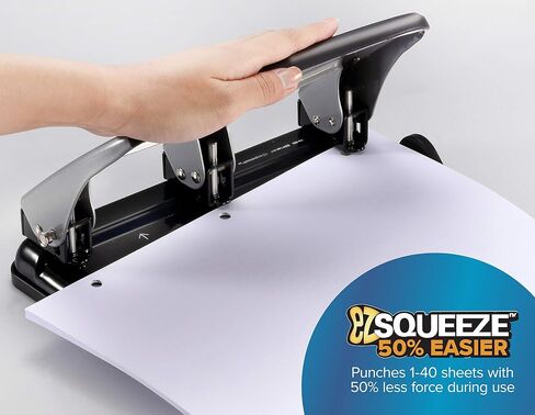 Bostitch Office EZ Squeeze Heavy Duty 3 Hole Punch, 40-Sheet Capacity, Use Less Force, Perfect for Home Office School Supplies, Sleek Design, Silver in Saudi Arabia