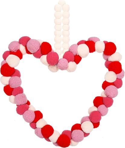 Valentine's Day Wreath Felt Pom Pom Wreath 10 Inch Valentines Day Front Door Decor Colorful Wool Felt Ball Wreath for Front Door Wedding Engagement Wall Windows Decorations (Heart Shape Style) in Saudi Arabia