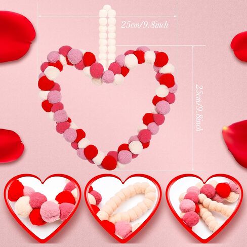 Valentine's Day Wreath Felt Pom Pom Wreath 10 Inch Valentines Day Front Door Decor Colorful Wool Felt Ball Wreath for Front Door Wedding Engagement Wall Windows Decorations (Heart Shape Style) in Saudi Arabia