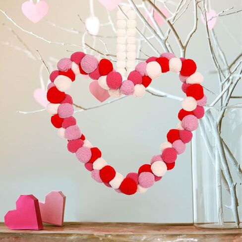 Valentine's Day Wreath Felt Pom Pom Wreath 10 Inch Valentines Day Front Door Decor Colorful Wool Felt Ball Wreath for Front Door Wedding Engagement Wall Windows Decorations (Heart Shape Style) in Saudi Arabia