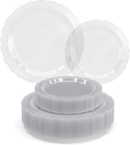 Exquisite Victorian Plastic Plates 80 Piece Plastic Disposable Plates for Party Set For 40 Guests 40 X 7.5 inch Dessert Plates & 40 X 10.25 Inch Plastic Plates Disposable Heavy Duty White & Black in Kuwait